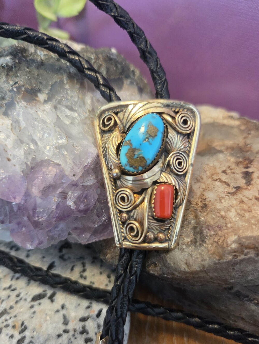 Amazing Vintage hand Signed Justin Morris Sterling And 12k Gold Fill Bolo Tie
